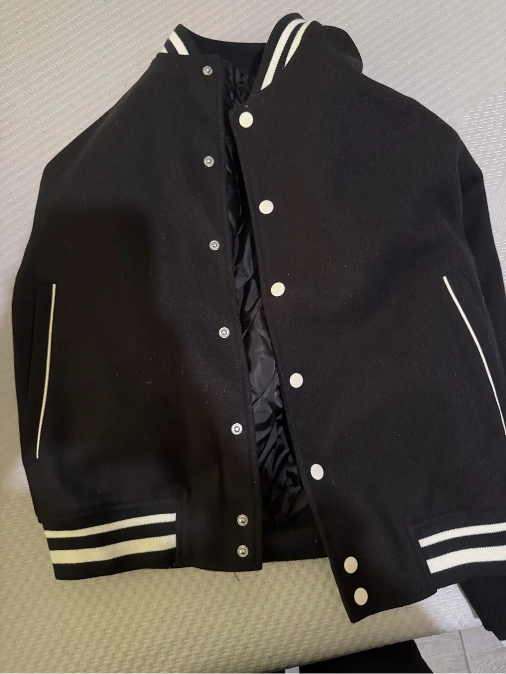 Forever 21 Black Varsity Jacket with White Stripe Trim